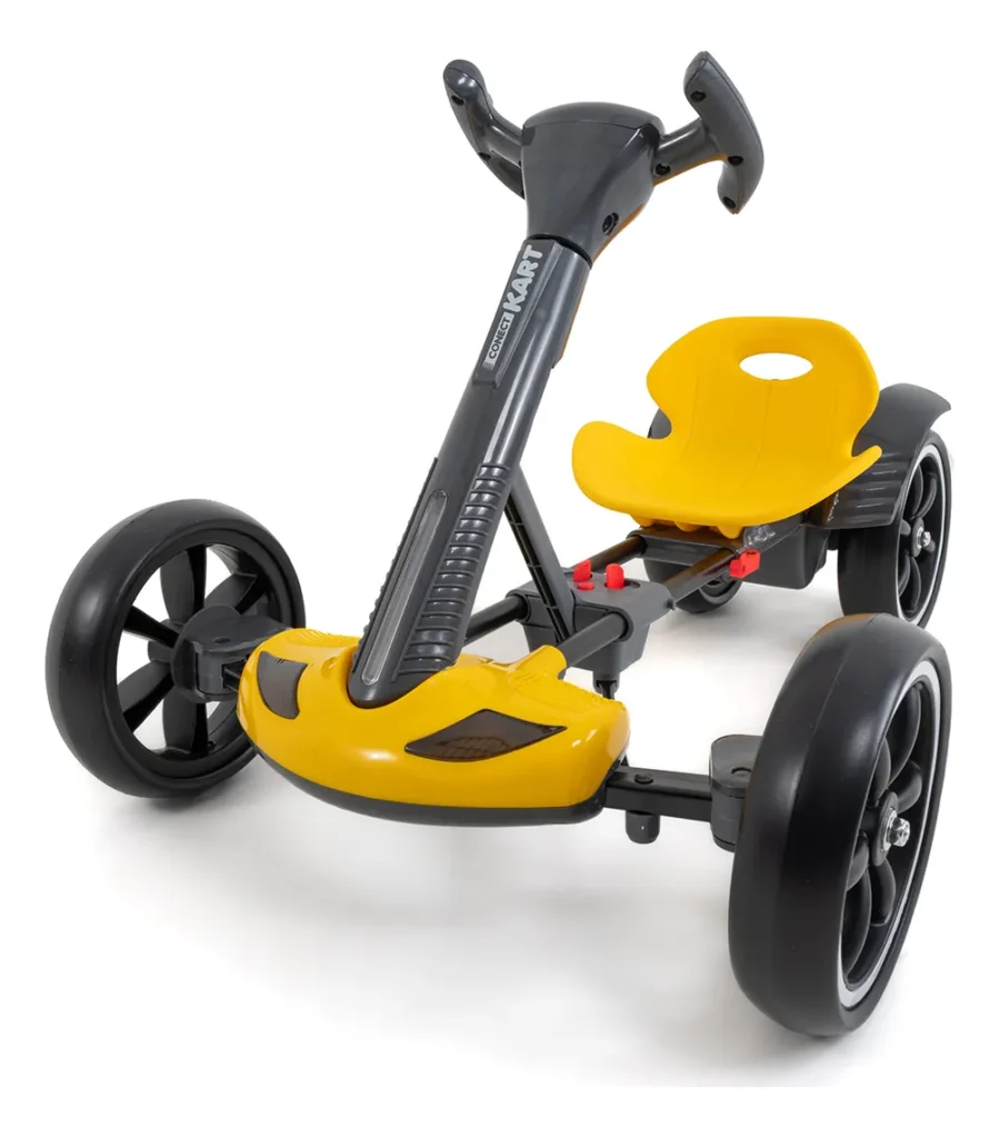 Mini carro elétrico infantil Conect Kart na cor amarela, com design de kart de corrida, luzes de LED frontais e estrutura reforçada que suporta até 70kg.