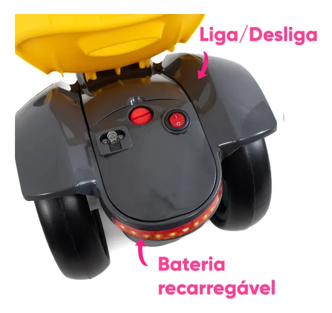 Mini carro elétrico infantil Conect Kart na cor amarela, com design de kart de corrida, luzes de LED frontais e estrutura reforçada que suporta até 70kg.