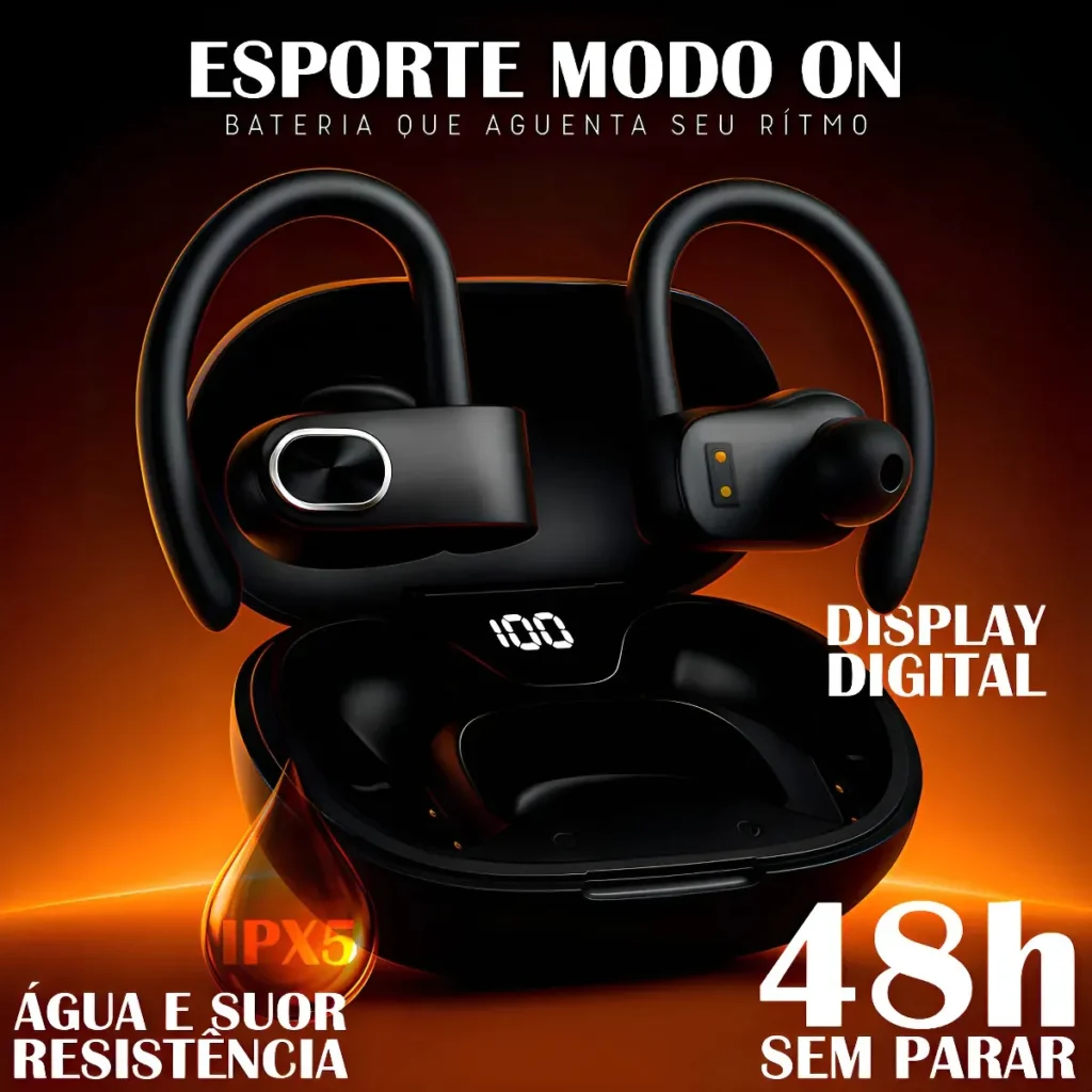 Fone de ouvido Bluetooth Pro Phone See 5.3 preto dentro da caixinha de carregamento com display LED digital indicando a porcentagem da bateria, design esportivo e moderno.