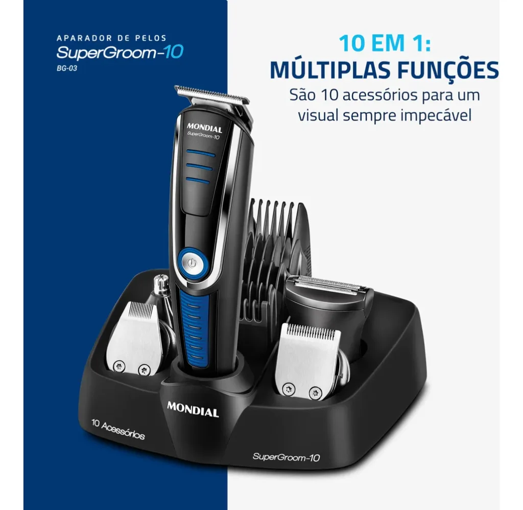Aparador De Pelos Super Groom 10 Mondial 6W Bivolt BG-03
10 em 1
Múltiplas funções