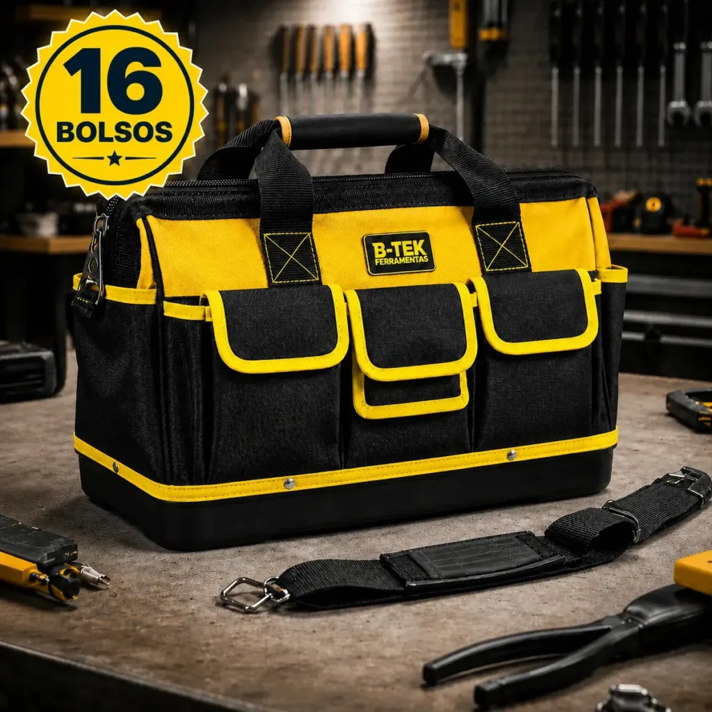 Bolsa de Ferramentas B-Tek Bolsa de ferramentas profissional reforçada grande em lona B-Tek modelo BT-398 nas cores preto e amarelo. A imagem destaca a mala de 16 polegadas aberta, revelando múltiplos bolsos organizadores internos com ferramentas dispostas ordenadamente, além do fundo rígido emborrachado e alça de ombro ajustável.